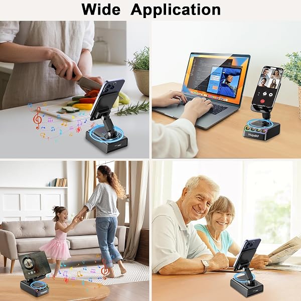 Hupoaf Adjustable Cell Phone Stand with Wireless Induction Bluetooth Speaker, HD Surround Sound for Home and Outdoors, Compatible with iPhone/Samsung Galaxy, 2026 Birthday Gifts for Men Women Dad Mom - 4