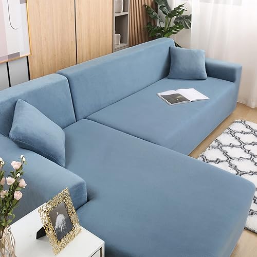 Miniatura 7 de Fundas de sofá modulares en forma de L, 2 fundas de terciopelo grueso antideslizantes para sillón de 3 + 3 plazas, protector de muebles para sala de