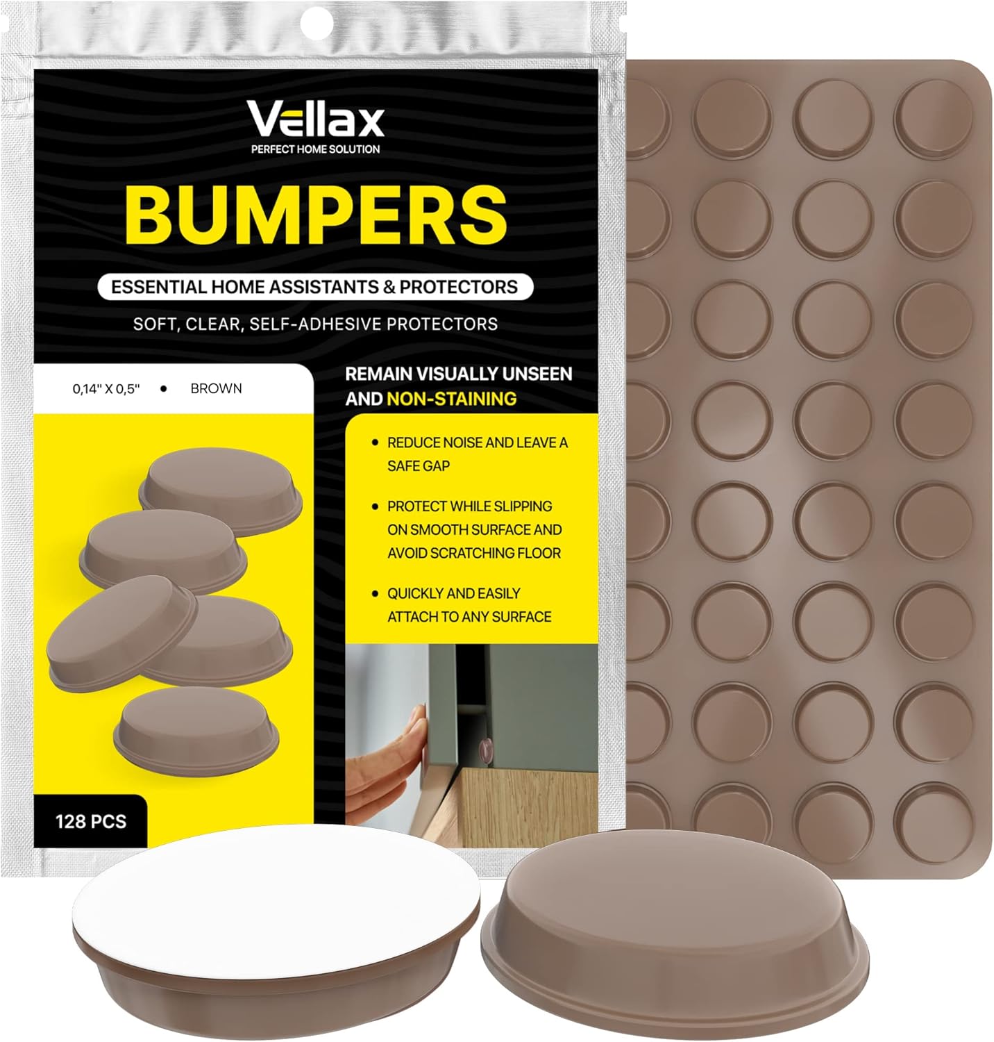 Vellax Door Bumpers 128 Pcs 1/2” Diameter Brown Self Adhesive