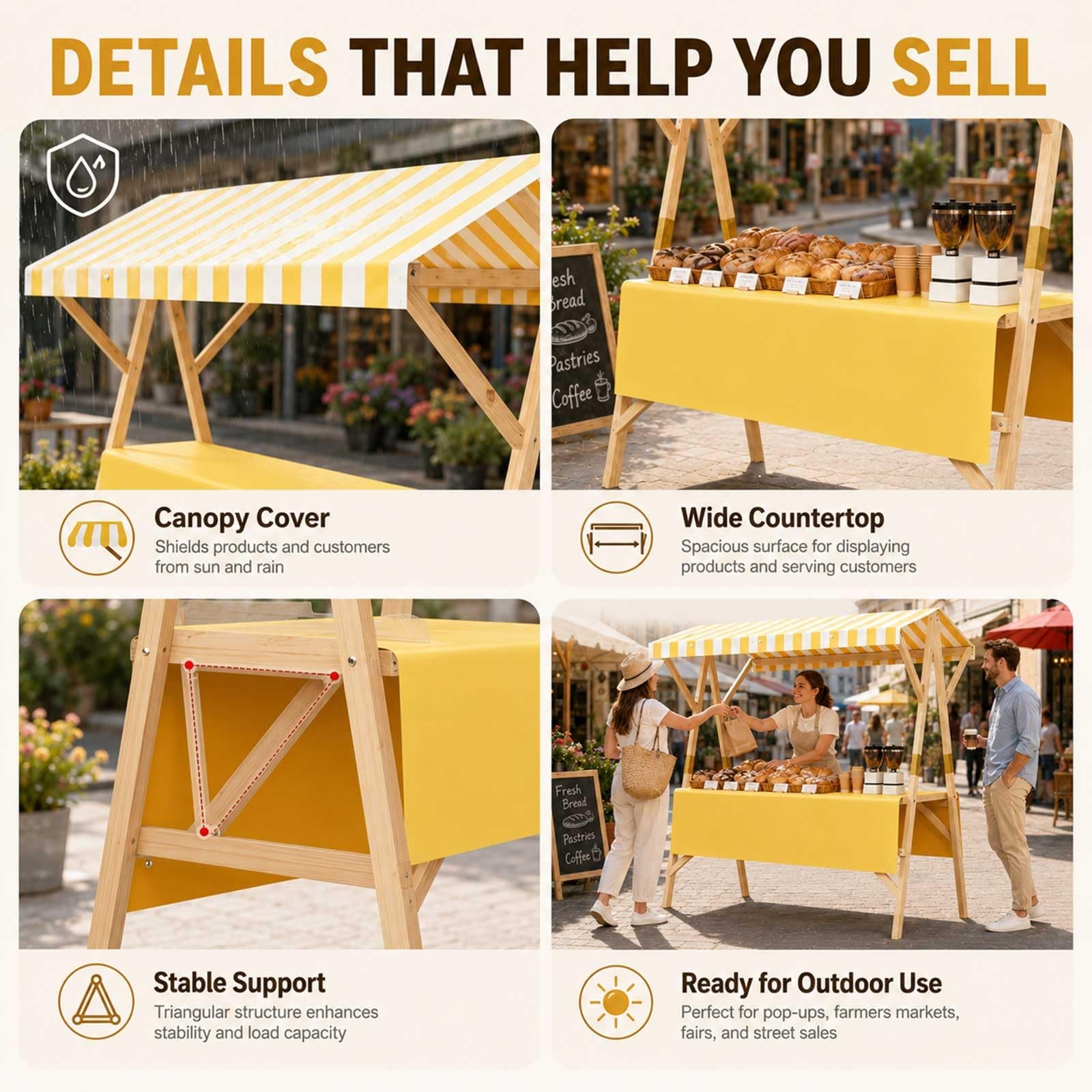 Carrello Per Venditori All'Aperto Espositore Mobile, Banco Vendita Pieghevole In Legno Con Tettoia, Bancarella Per Street Food, Mercati Agricoli, Fiere, Eventi E Festival(Green1,47.2in/120cm)