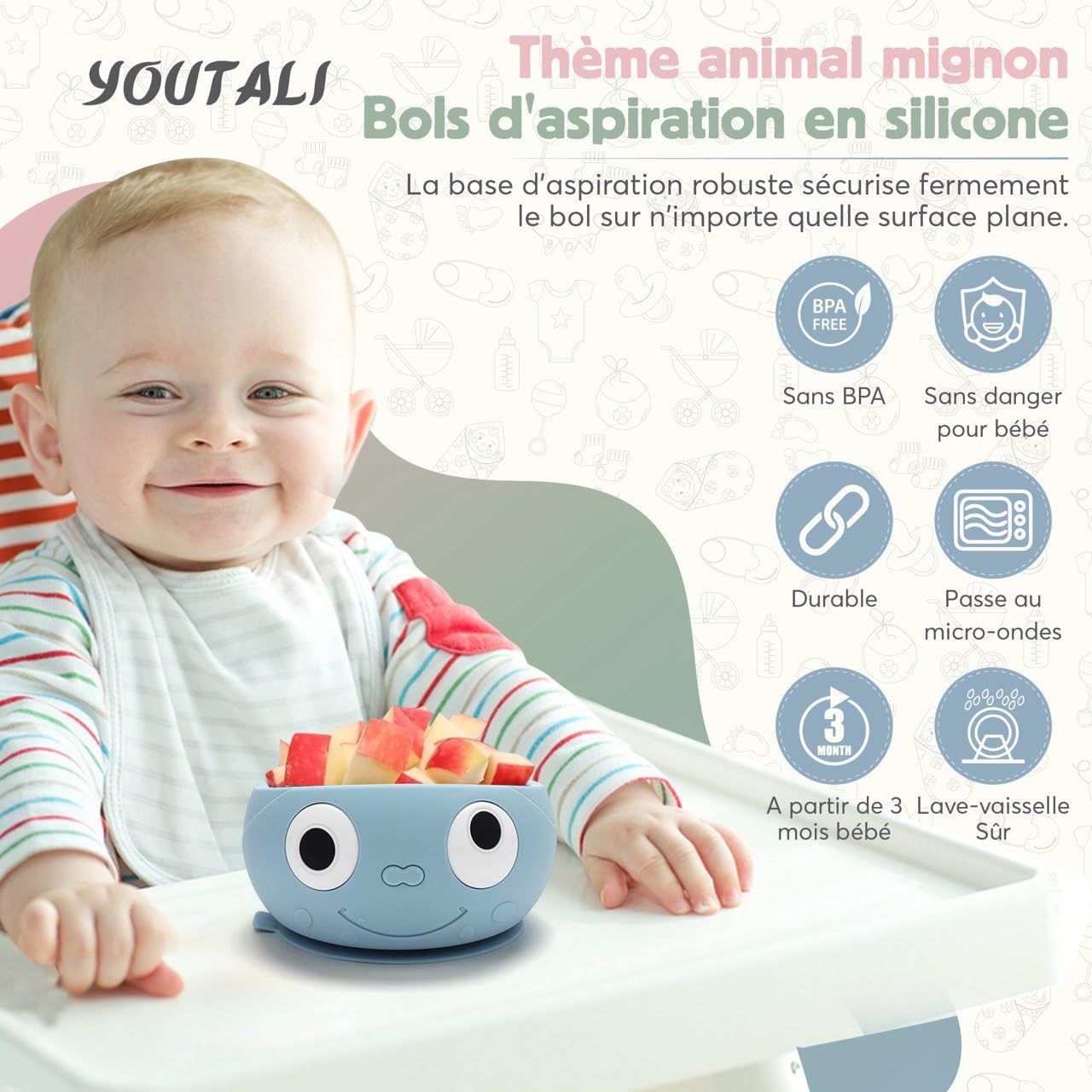 Ensemble de 3 Bols Ventouse Pour Bébé en Silicone Alimentaire, Rose, Vert Et Bleu Avec Smiley, Pour Une diversification alimentaire bébé Sans BPA, Micro-Ondable Et Lave-Vaisselle