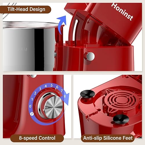 Miniatura 4 de Batidora de pie, 3 en 1, 10 velocidades, 660 W, 5.5 cuartos de galón, batidora eléctrica con tazón, gancho para masa, batidor y batidor, batidora de