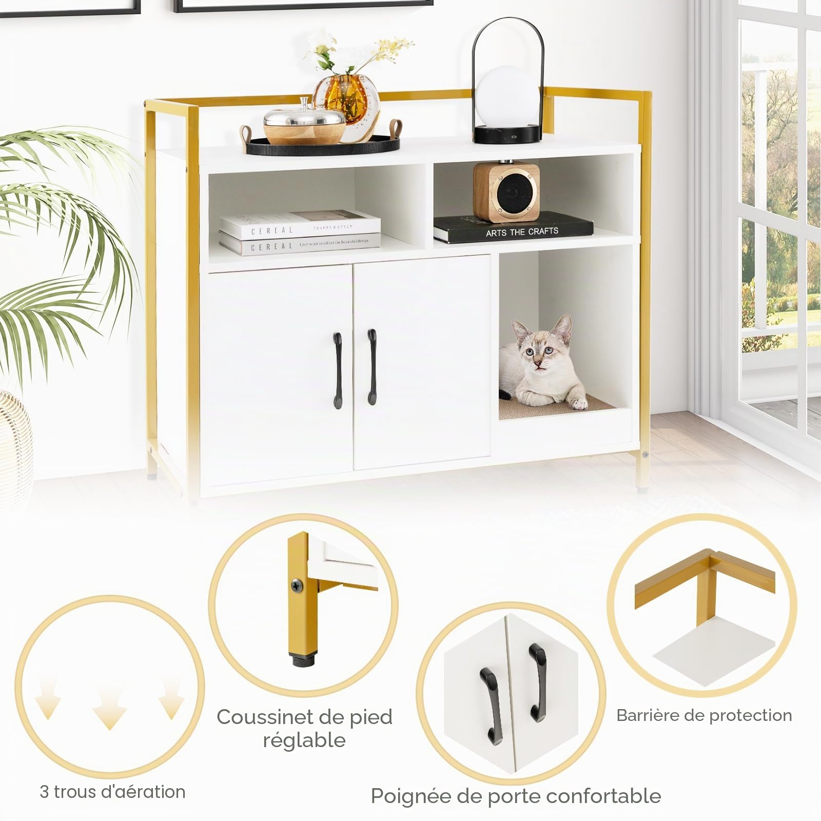 SOARS Maison de Toilette Chat, Meuble Litiere Chat avec Tapis à Griffer, Étagères Ouvertes, 2 Compartiments, Pieds Hauts, Maison Chat pour Salon, Couloir, Entrée (Blanc, 89 X 45 X 74,5 CM)