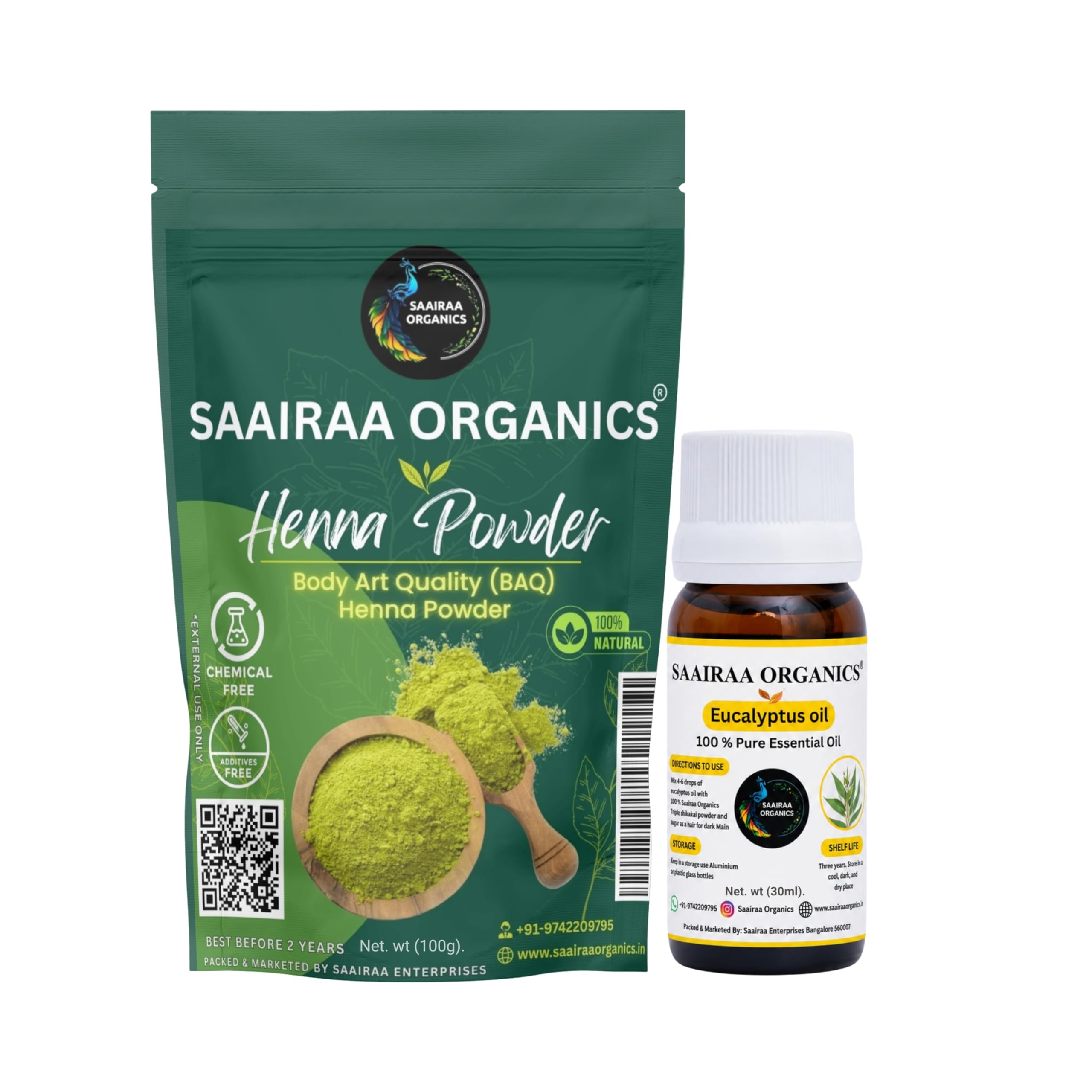 Saairaa Organics BAQ Bridal Henna Powder (triple sifted) 100g with Essential Oil 30ml Combo | Suitable for Bridal Mehndi | No Added Chemicals (Eucalyptus Oil)-image-9