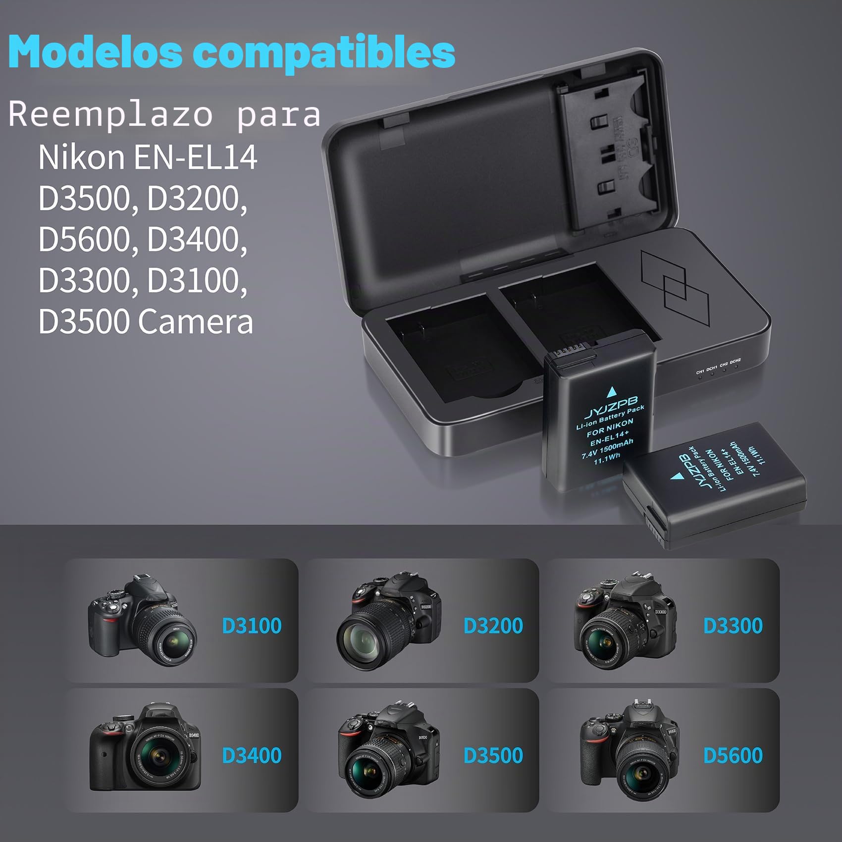 JYJZPB EN-EL14 EN-EL14A Batería para Nikon D3200 D3500 D5100 D3100 D3400 D3300 D5600 Estuche Cargador rápido USB con Doble Canal para Nikon D5200 D5300 D5500 Coolpix P7000 P7100 P7700 Cámara