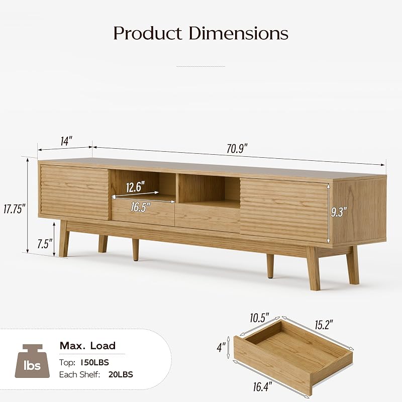 TOLEAD 70" Mid Century Modern TV Stand for TVs up to 75 Inch, Low Profile Entertainment Center with Fluted Sliding Doors & Storage Drawers, Wood TV Console Table for Living Room, Oak image 2