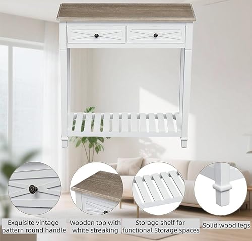 Miniatura 7 de KINTNESS Mesa consola con 2 cajones, mesa auxiliar de sofá de granja con estantes para entrada, sala de estar, pasillo, color blanco