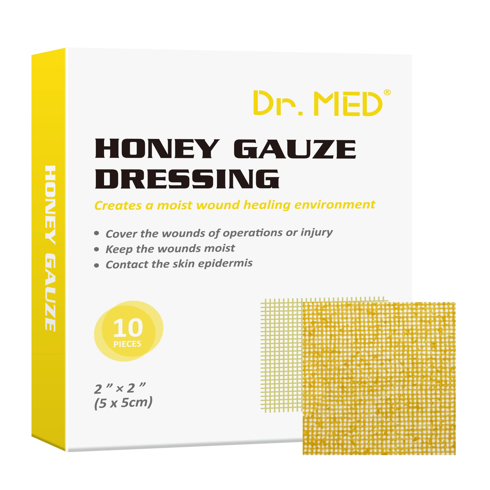 Dr. MedHoney Gauze Dressing, 2" x 2" (10 PCS/Box) Honey Medical Bandage Wound Care Patch for Minor Abrasions, Cuts, Lacerations, Scald and Burns for Wound Healing, Chemical and Drug Free