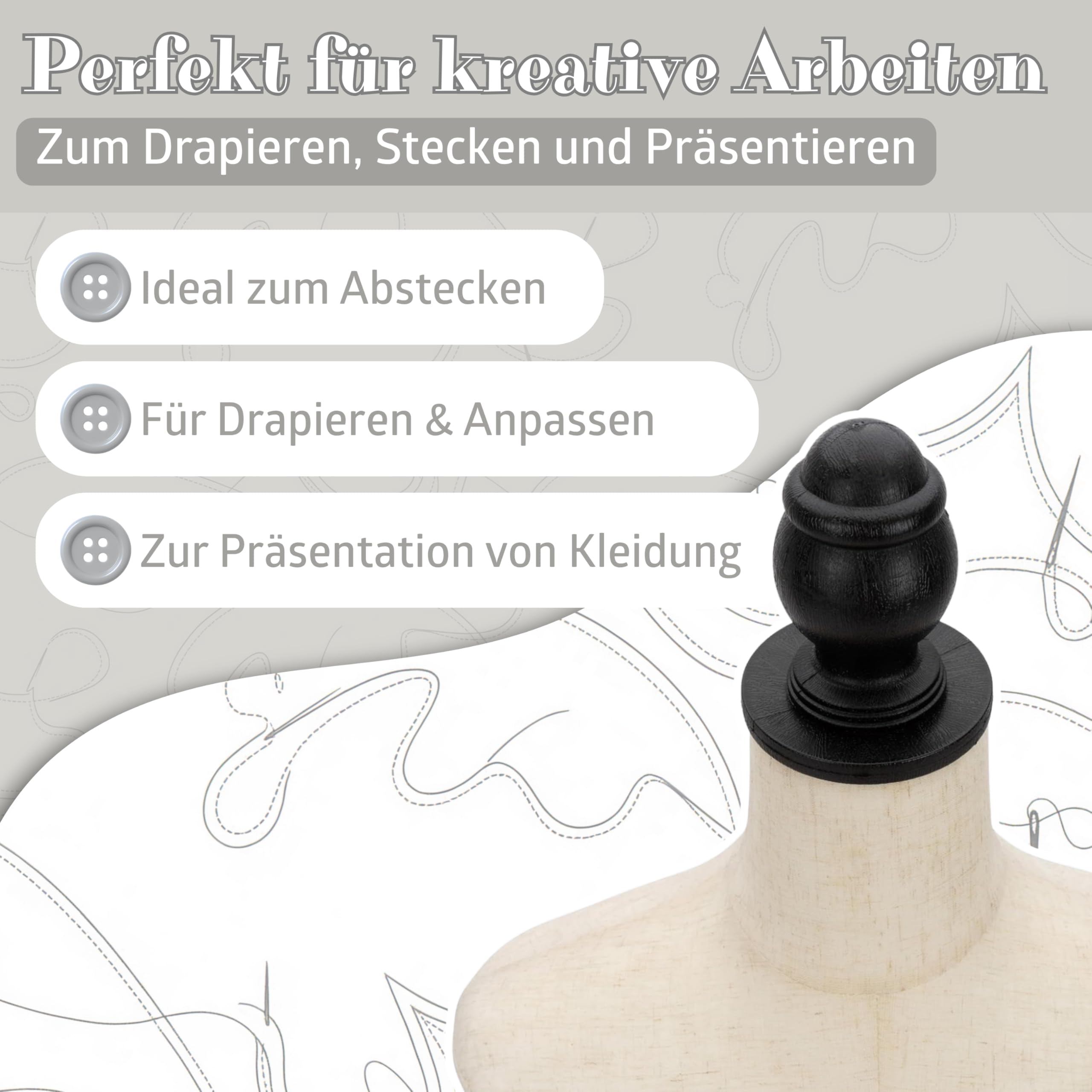 Semplix Deko Schneiderbüste–Schneiderpuppe aus Styropor (EPS) mit Baumwollbezug & Holzstativ, höhenverstellbar, Elegante Deko Schneiderpuppe für Atelier, Boutique & Dekoration (Leinenbezug)