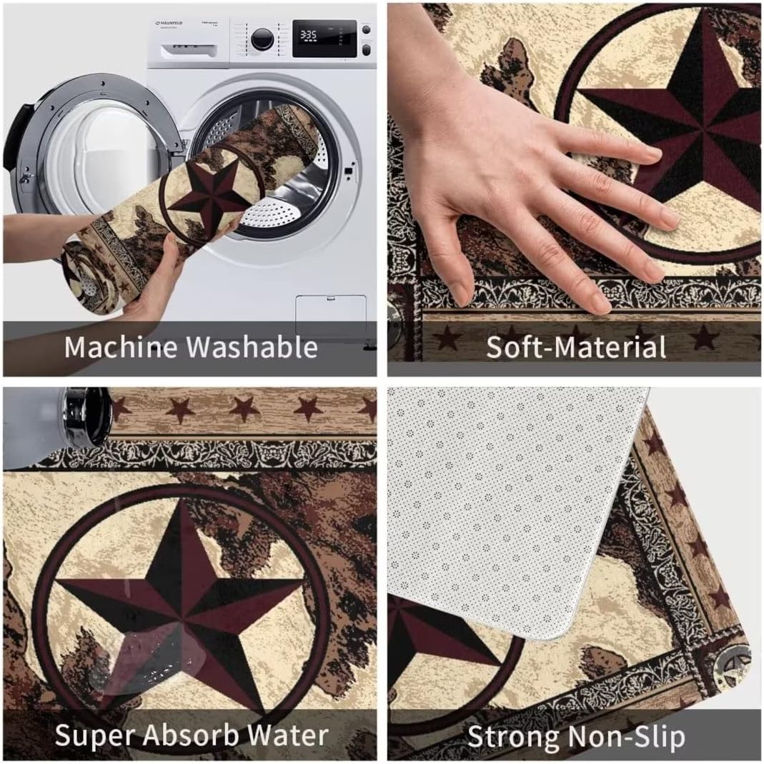Western Kitchen Rug Sets 3 Piece Texas Star on Wood Panel Rustic Country Comfort Mat Farmhouse Vintage Floor Mats Washable Doormat Anti Fatigue Non-Slip Kitchen Runner Rugs Bedroom Area Carpet,Brown - Image 6