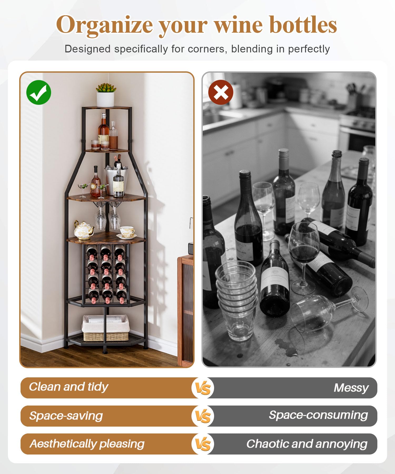 Yorbay Botellero Esquinero Independiente de 5 Niveles: Botellero de Suelo con Soporte para Copas y Botellas de Vino - Estante Industrial de Metal y Madera para Bar Cocina y Comedor