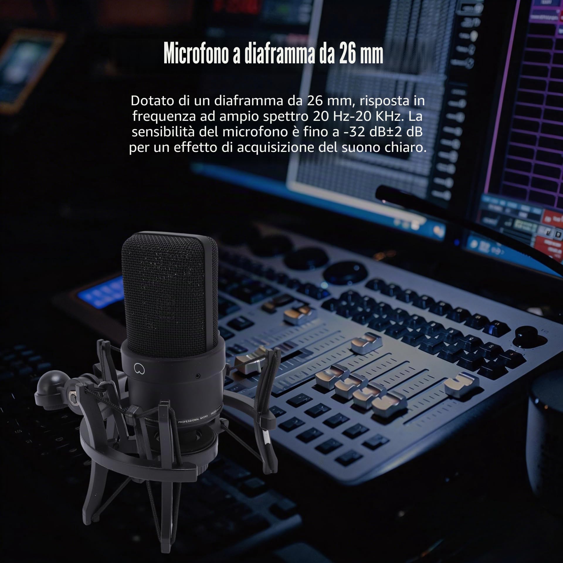 Microfono a condensatore XLR da 26 mm, a grande membrana, con supporto antiurto, uscita XLR e filtro pop per streaming, registrazioni, giochi, produzione musicale