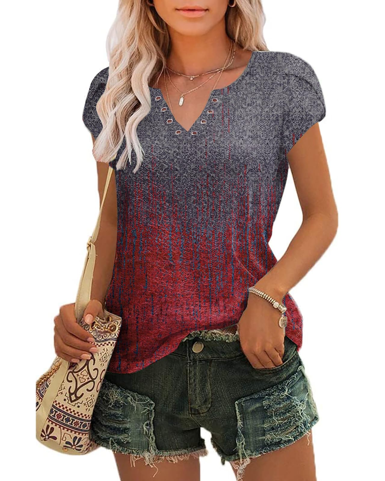 Tanmolo T-Shirt Damen Sommer mit Elegant Tulpenärmeln V-Ausschnitt Oberteile aus Lochstickerei Casual Top