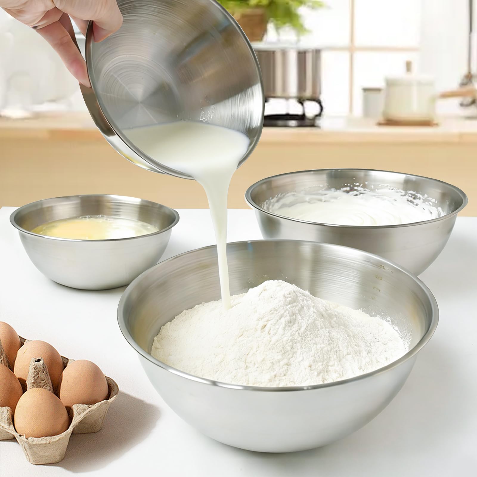 Rührschüssel Salatschüssel 4-teilig für die Küche 0.7l, 1.2l, 2.1l, 3l, Rührschüssel Edelstahl, Salatschüssel, Servierschüssel, Stapelbar&Spülmaschinenfest (0.7-3L)