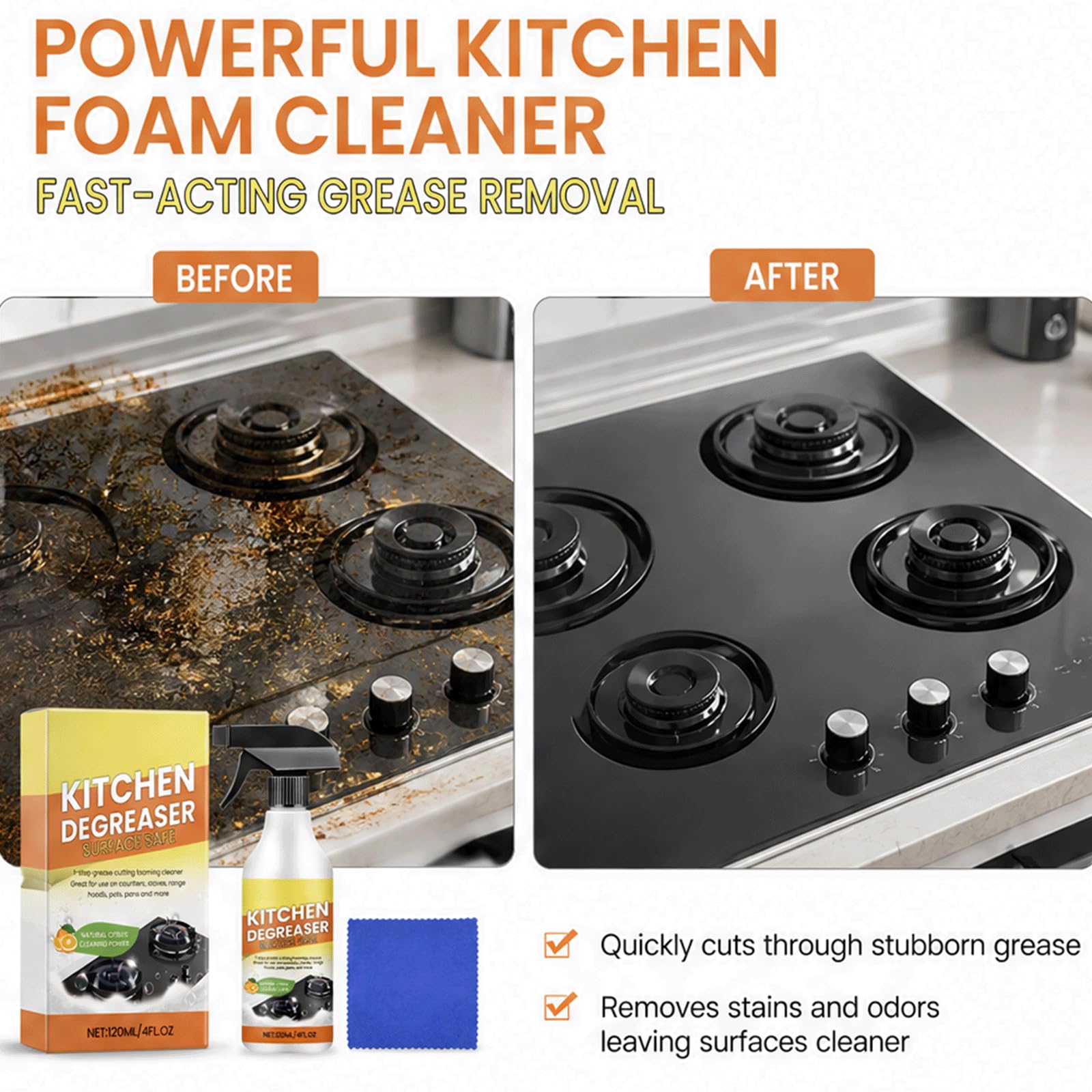 Potente kit per la pulizia della schiuma di grasso da cucina per tutti g * * * * * *: dispositivo di rimozione del grasso e deodorante ad azione rapida, schiuma senza risciacquo (5 pezzi)