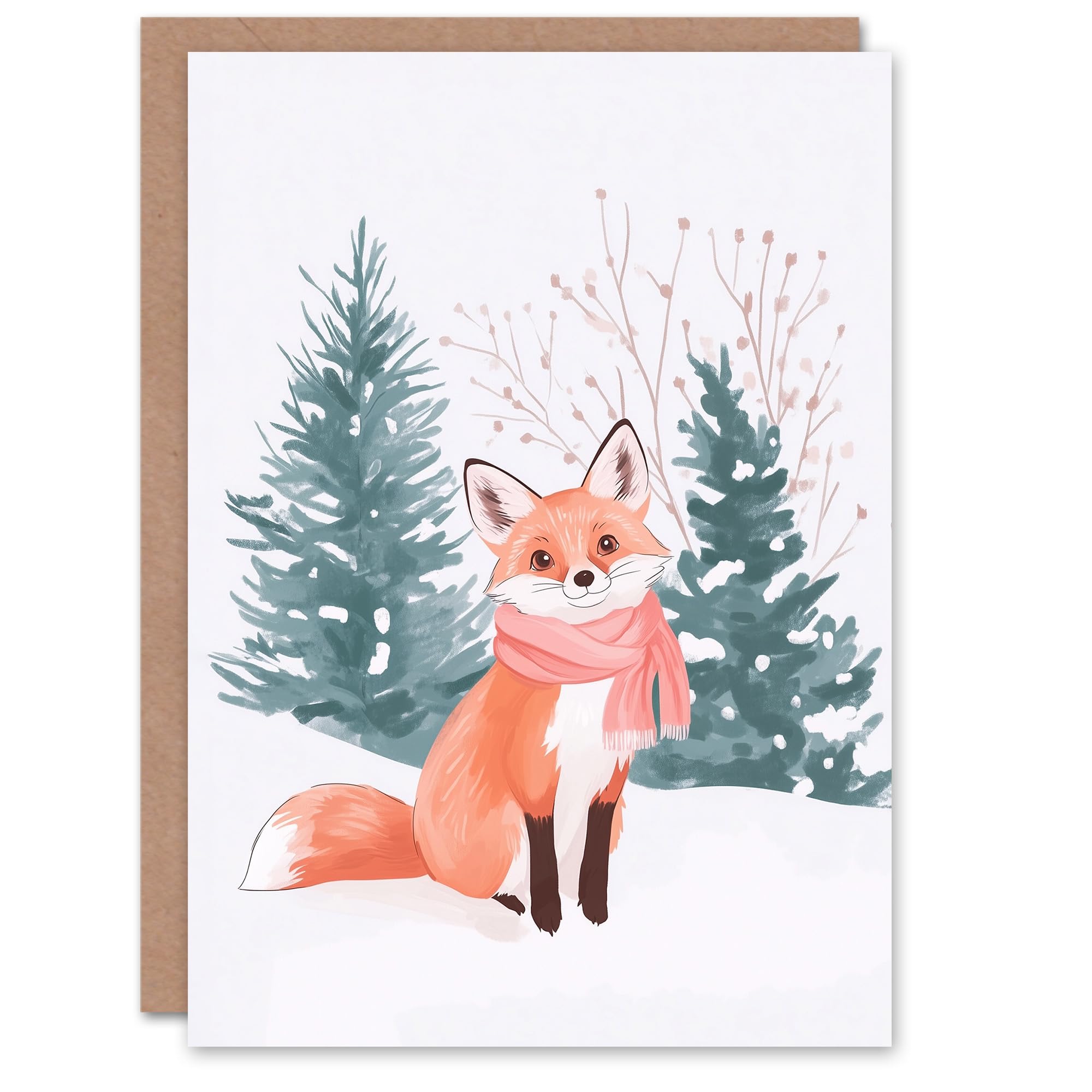 Wee Blue Coo Greeting Card Cute Red Fox Pink Winter Scarf Snow Forest For Child Kids Xmas Christmas Card
