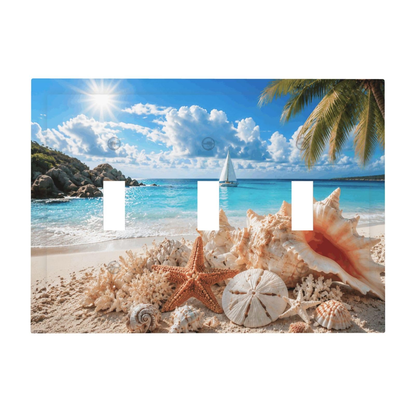 Xuejiaku Beach Seashell Starfish Ocean Decorative Light Switch Cover Plate Triple Toggle Switch Plate Covers 3 Gang Wall Plate Coastal Tropical Outlet Covers Faceplate For Bedroom Home Decor
