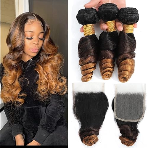Ombre Bundles With Closure Loose Wave Bundles With Closure Human Hair Bundles With Closure 100% Brazilian Virgin Human Hair 3 Bundles With 4x4 Lace Closure Ombre Color T1B/4/30 (10 12 14+10)