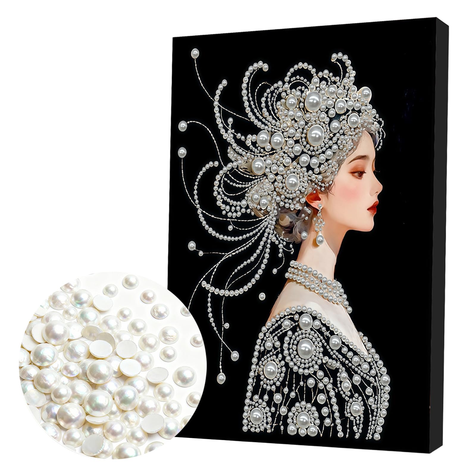 Lebartm DIY Pearl Painting Kit with Frame Gemstone Pearl Diamond Dots Beads Canvas Art Craft for Adults Beginners Display for Tabletop and Mounting Wall Home Decor 30x40cm-Woman01
