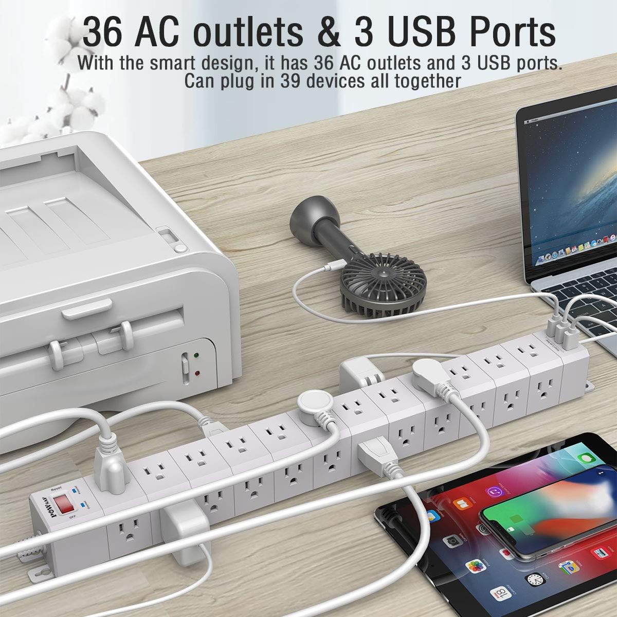 Power Strip with 36 AC Outlets(3 Sided), POWSAF Surge Protector(4100 Joules) and 3 USB Ports, 8 Feet Heavy Duty Extension Cord, ETL Listed, White