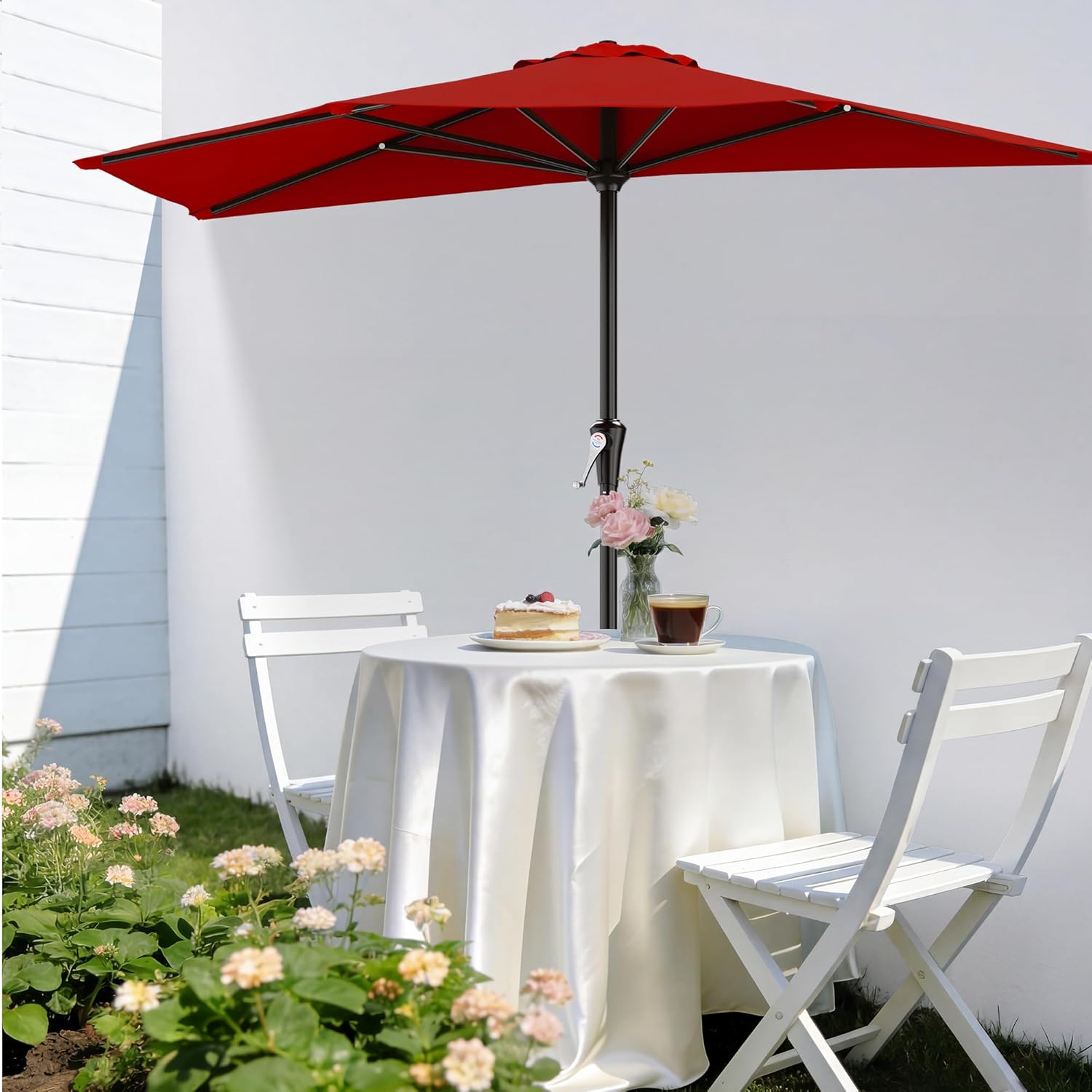 AreShark 9FT Half Patio Umbrella, Outdoor Wall Umbrella with Crank & 5 Sturdy Ribs, Table 1/2 Umbrella Patio for Garden, Deck, Balcony and Pool, Red