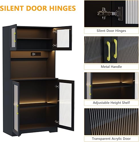 Miniatura 7 de LVSOMT Armario de almacenamiento LED de 67 pulgadas con estación de carga, enchufes y puertos USB, gabinete de despensa de cocina, gabinete de