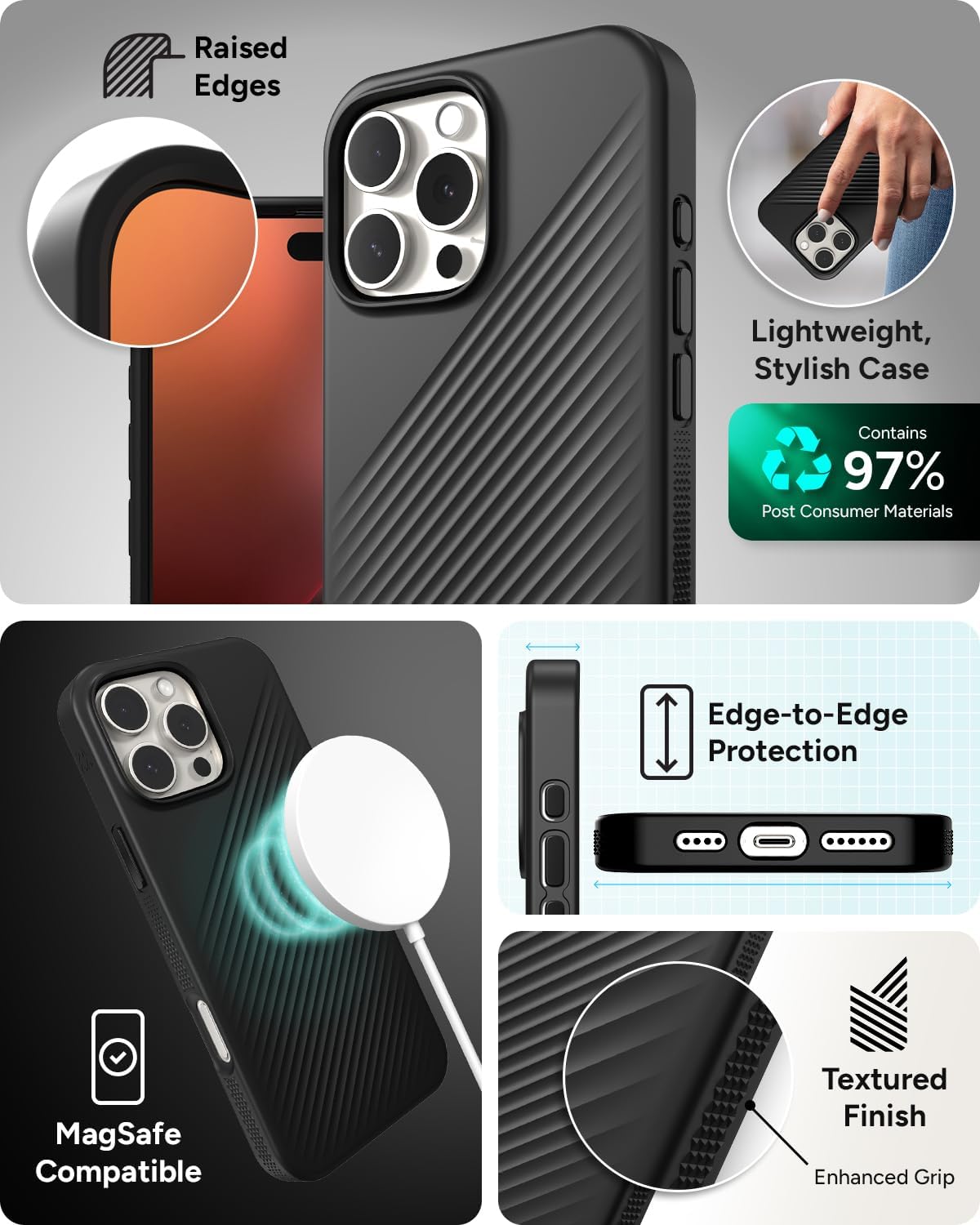 ZAGG Luxe Snap Case for iPhone 16 Pro Max - MagSafe Wireless Charging, 10ft Drop Protection, Eco-Friendly, Graphene Reinforced, Ripple Design, Black