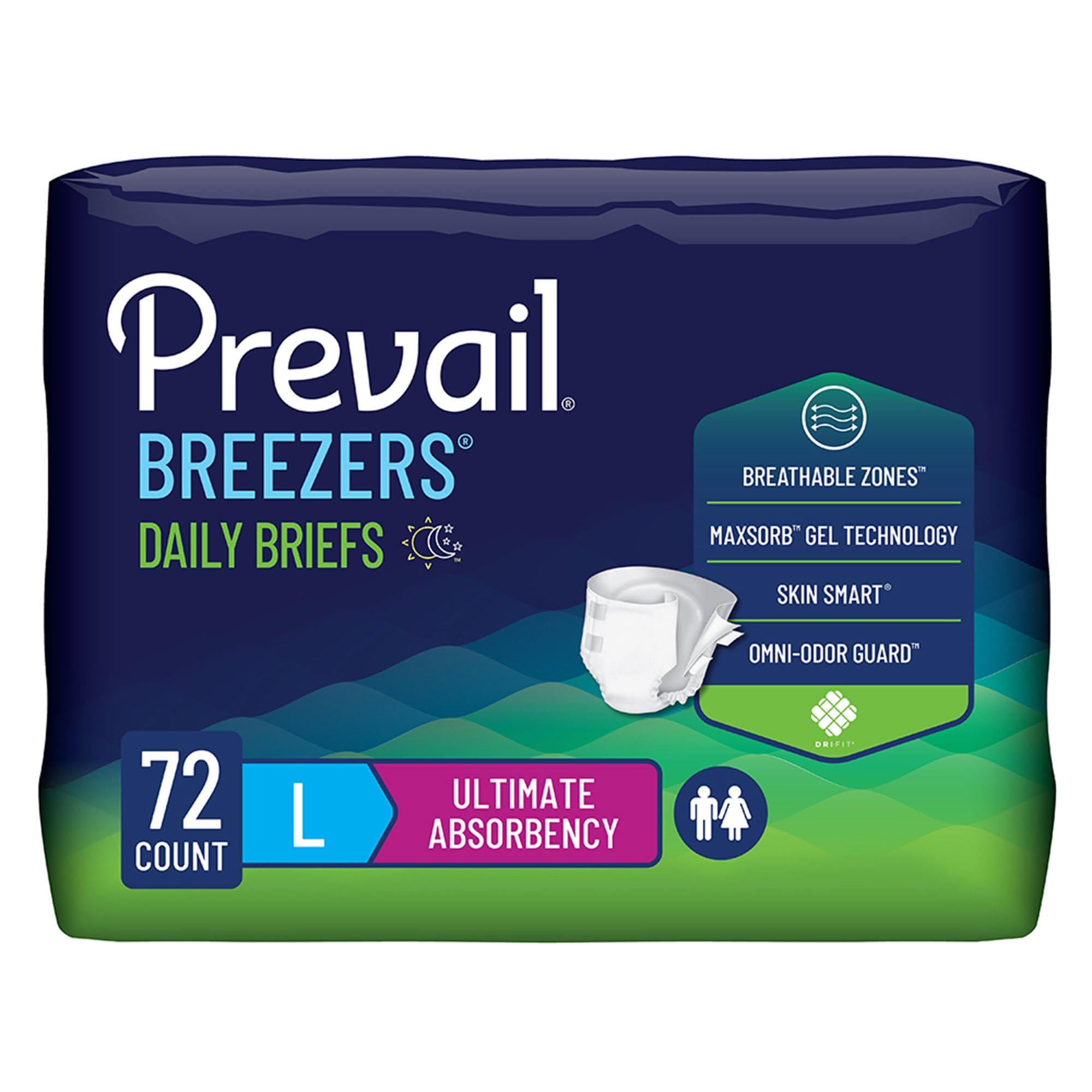 Prevail Breezers Incontinence Briefs, Unisex Adult Incontinence Briefs with Tabs, Ultimate Absorbenc, Large, 72 Count (4 Packs of 18)