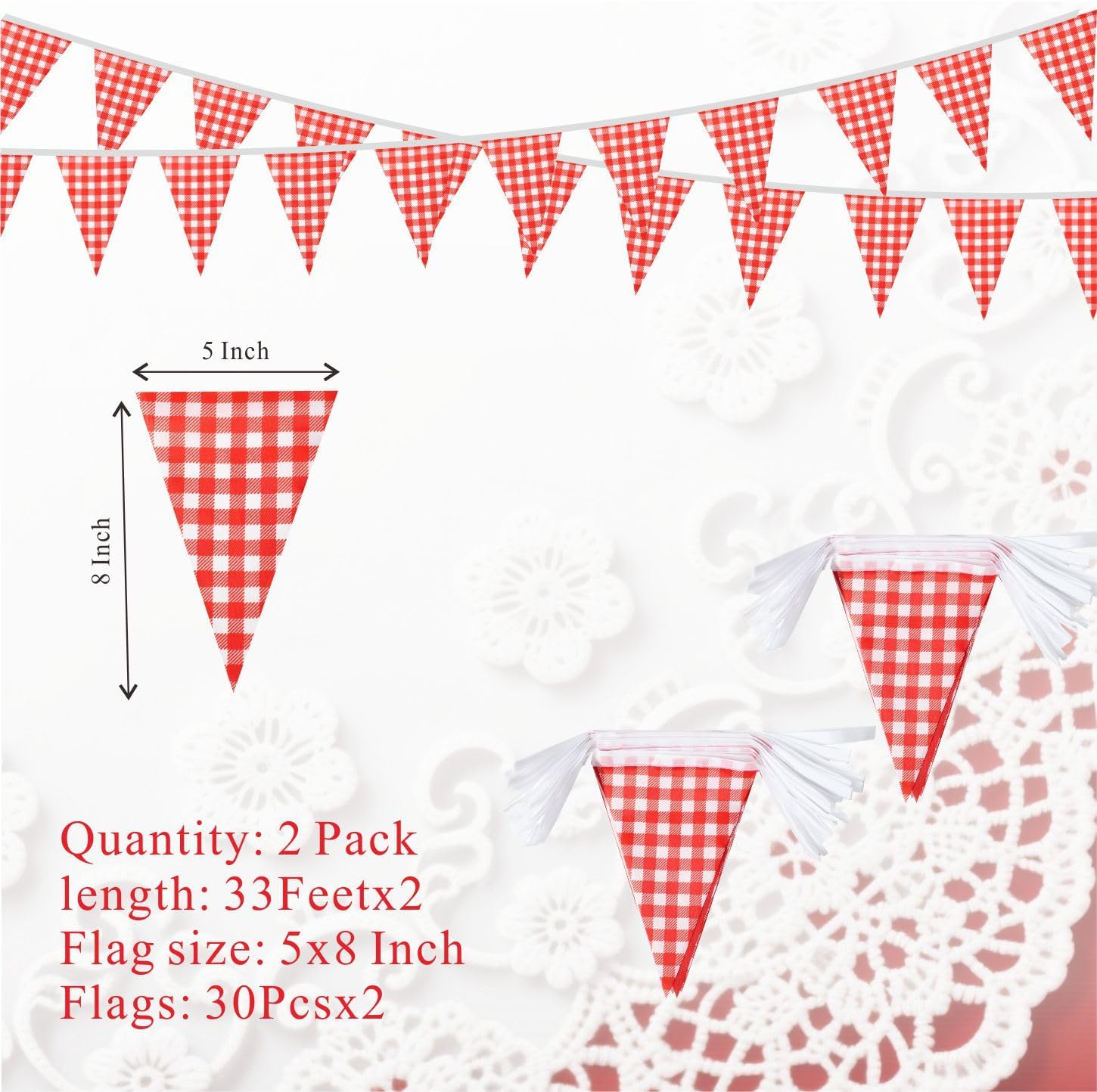 2 Pack Red Plaid Checkered Pennant Banner Flag Triangle Garland Decorations for Wedding Birthday Carnival Christmas BBQ Picnic 66Feet 60Pcs