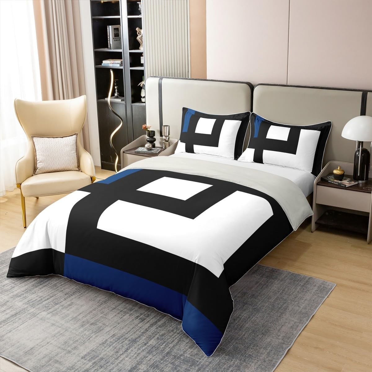 Erosebridal 100% Cotton Blue Black and White Striped King Comforter Cover Square Abstract Duvet Cover Modern Geometric Stripes Bold Lines Bed Set Minimalist Stylish Plaids Bedding Set