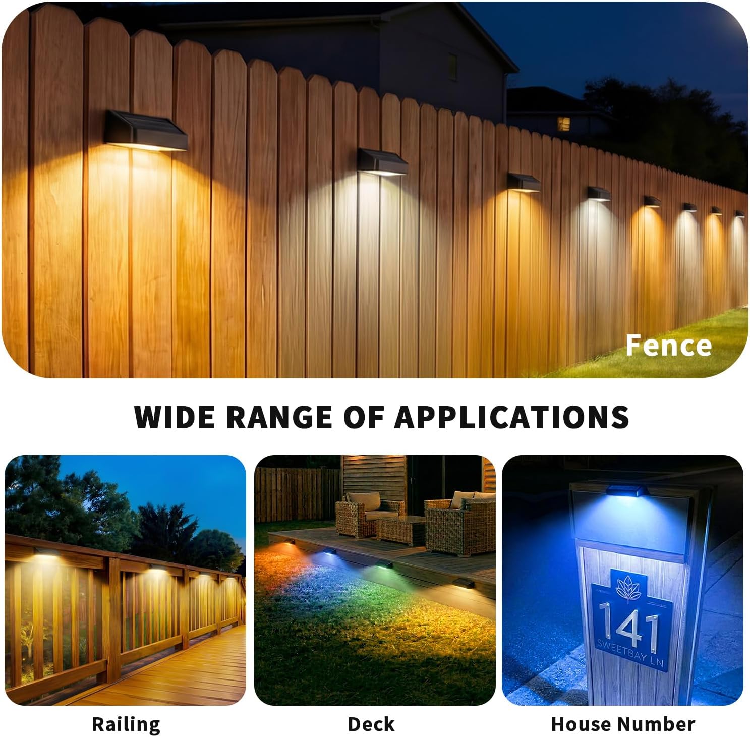 JOFIOS Fence Lights Solar Powered, 9 Fixed Colors ＆ Color Changing Solar Wall Lights Outdoor Waterproof IP65 Dusk-to-Dawn LED Deck Lighting for Patio, Railing, Pool, Porch, Backyard, Wall, 8 Pack