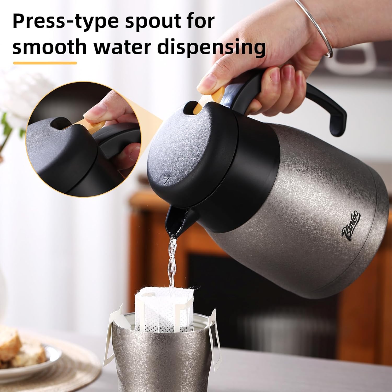 Bincoo 34oz Thermal Coffee Carafe with Brush-Insulated Stainless Steel Vacuum Kettle for Keeping Hot and Cold,Double Walled Vacuum Coffee and Tea Beverage (Sliver)