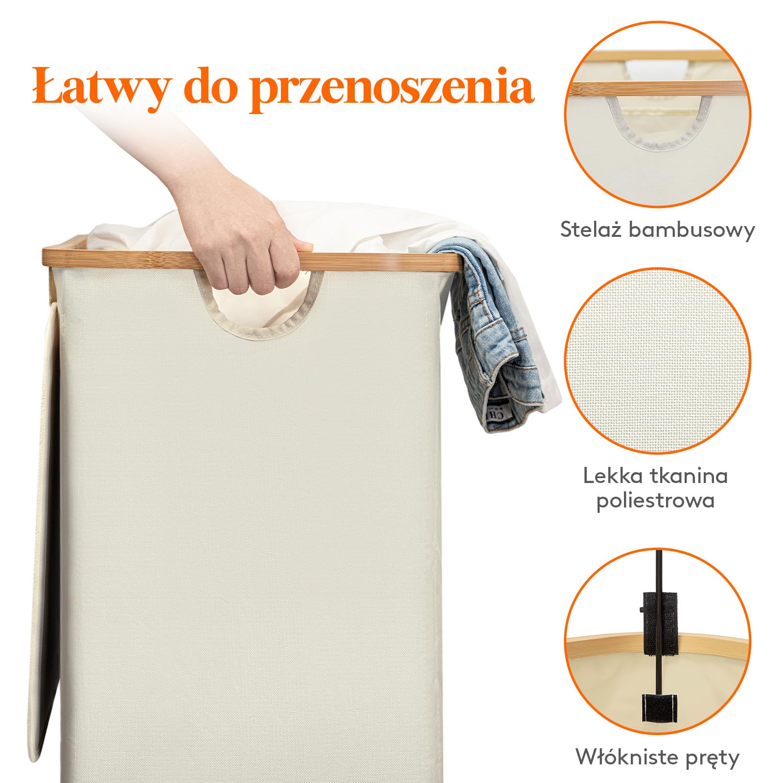 Lifewit 120L Kosz na Pranie z Pokrywą i Bambusowymi Uchwytami - Duży Składany z Wyjmowaną Torbą do Sypialni, Łazienki, Akademika, Pralni - Beżowy