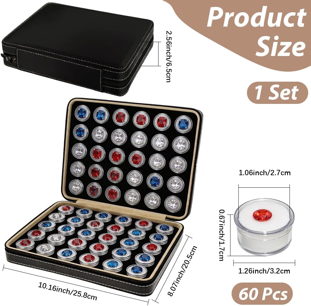CREATCABIN 60Pcs Gem Jars Showcase with White Foam Inserts Diamond Display Case Tray 1.3" Gemstone Storage Box Black Leather Jewelry Organizer Containers Set for Loose Crystal Collectibles 10.2x8in image 2