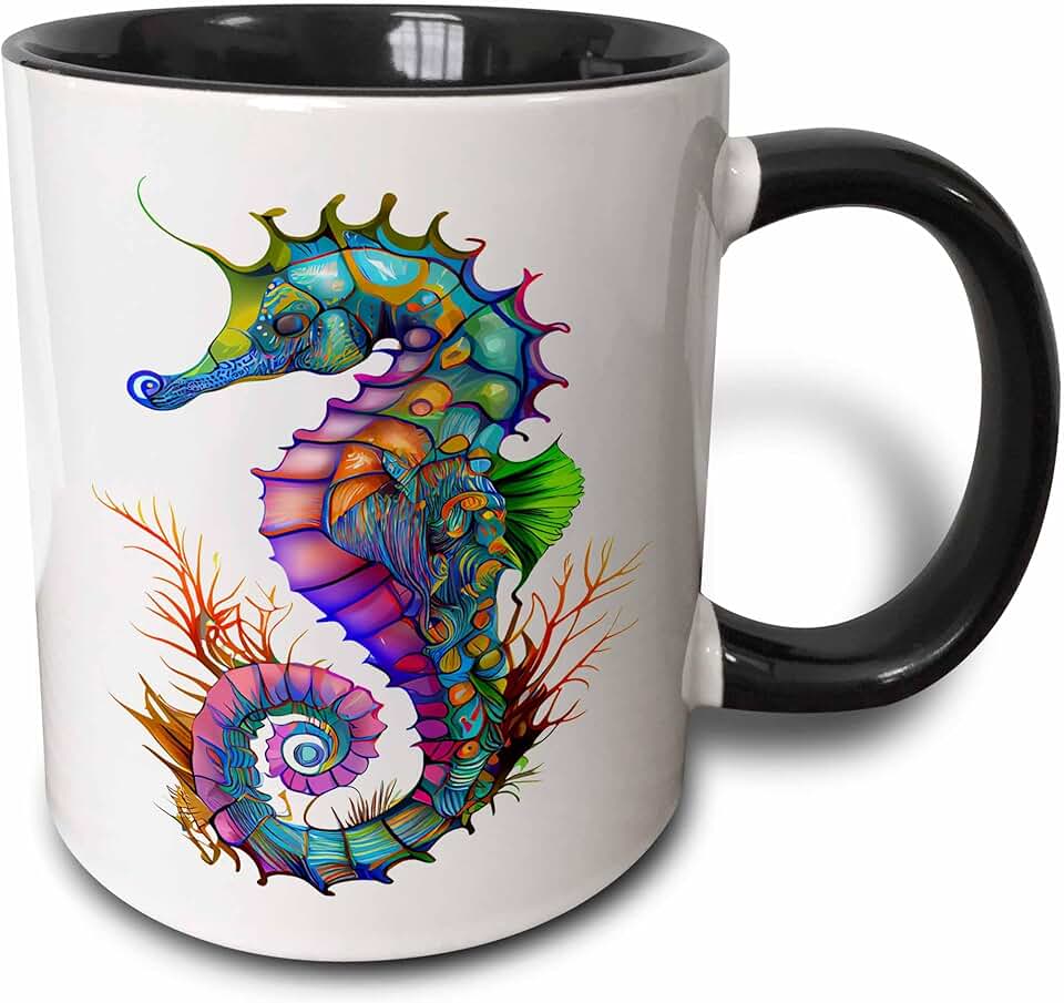 3dRose Pretty Colorful Seahorse Illustration 11oz Two-Tone Black Mug