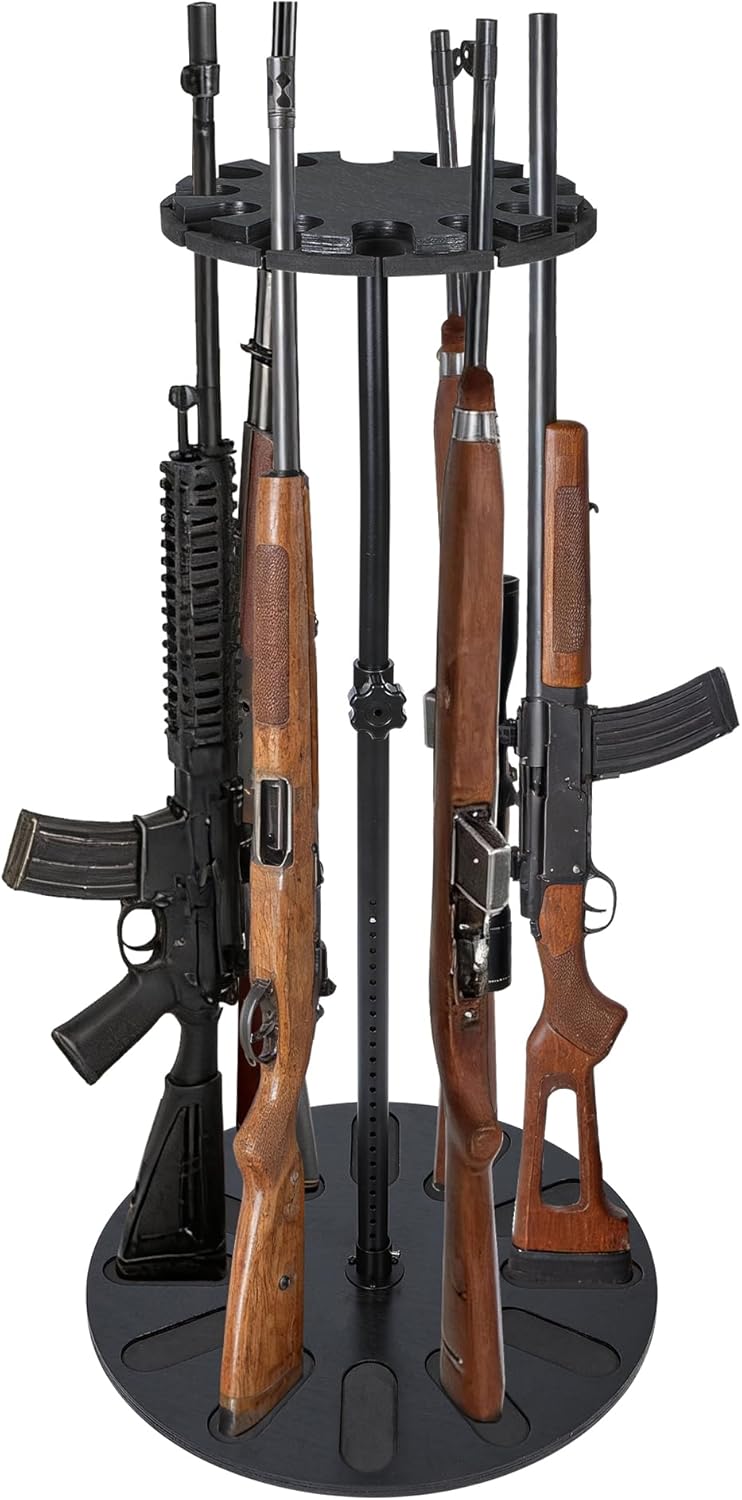 Premium 360-Degree Spinning Gun Rack - 24-Level Adjustable Height for 12 Rifles, Secure Storage with Renewable Solid Wood & EVA Padding, Ideal for Gun Safe Organizer