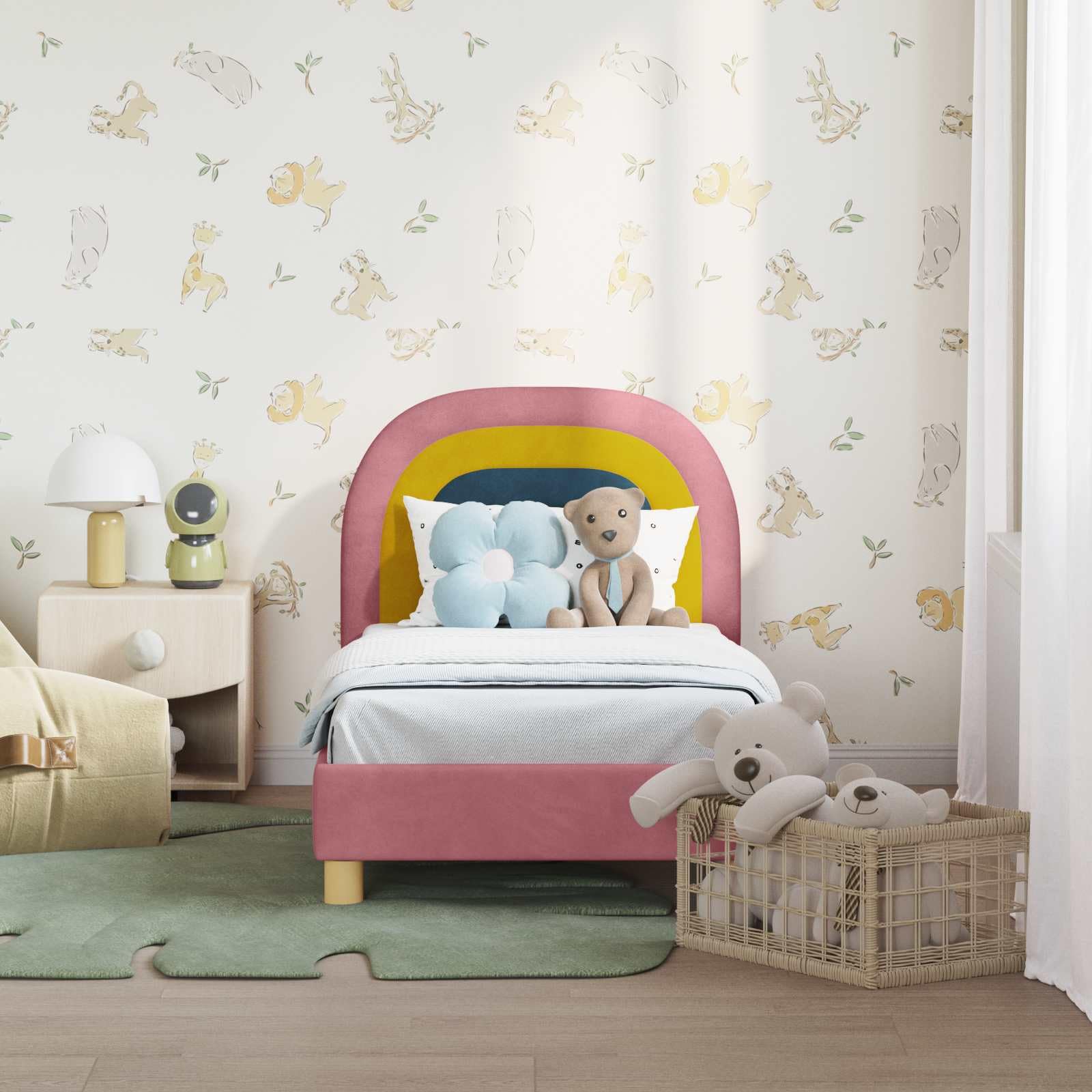 Telaio per letto per bambini con testiera in velluto rosa, 70 x 140 cm, moderna struttura per letto con rete a doghe e robusto telaio in legno, per cameretta dei bambini e ragazzi