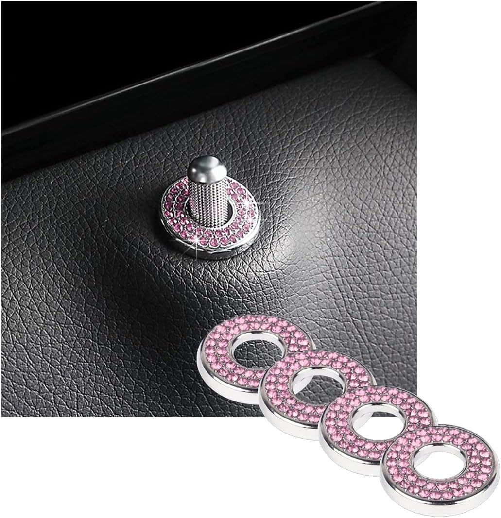 Ziciner Bling Inner Car Door Lock Covers, 4 Pcs Rhinestones Auto Pull Rod Bolt Decoration Stickers, Sparkly Vehicle Door Lock Decals, Compatible with C Class C200L GLC260 C260L (Pink)