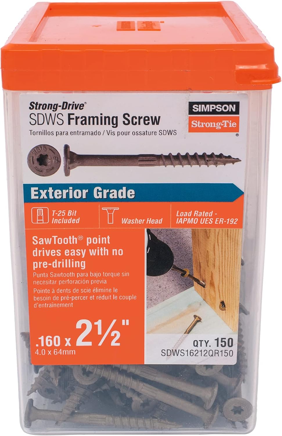 Simpson Strong-Tie SDWS16212QR150 Strong-Drive SDWS FRAMING Screw — 0.160 in. x 2-1/2 in. T25, Quik Guard, Tan (150-Qty)