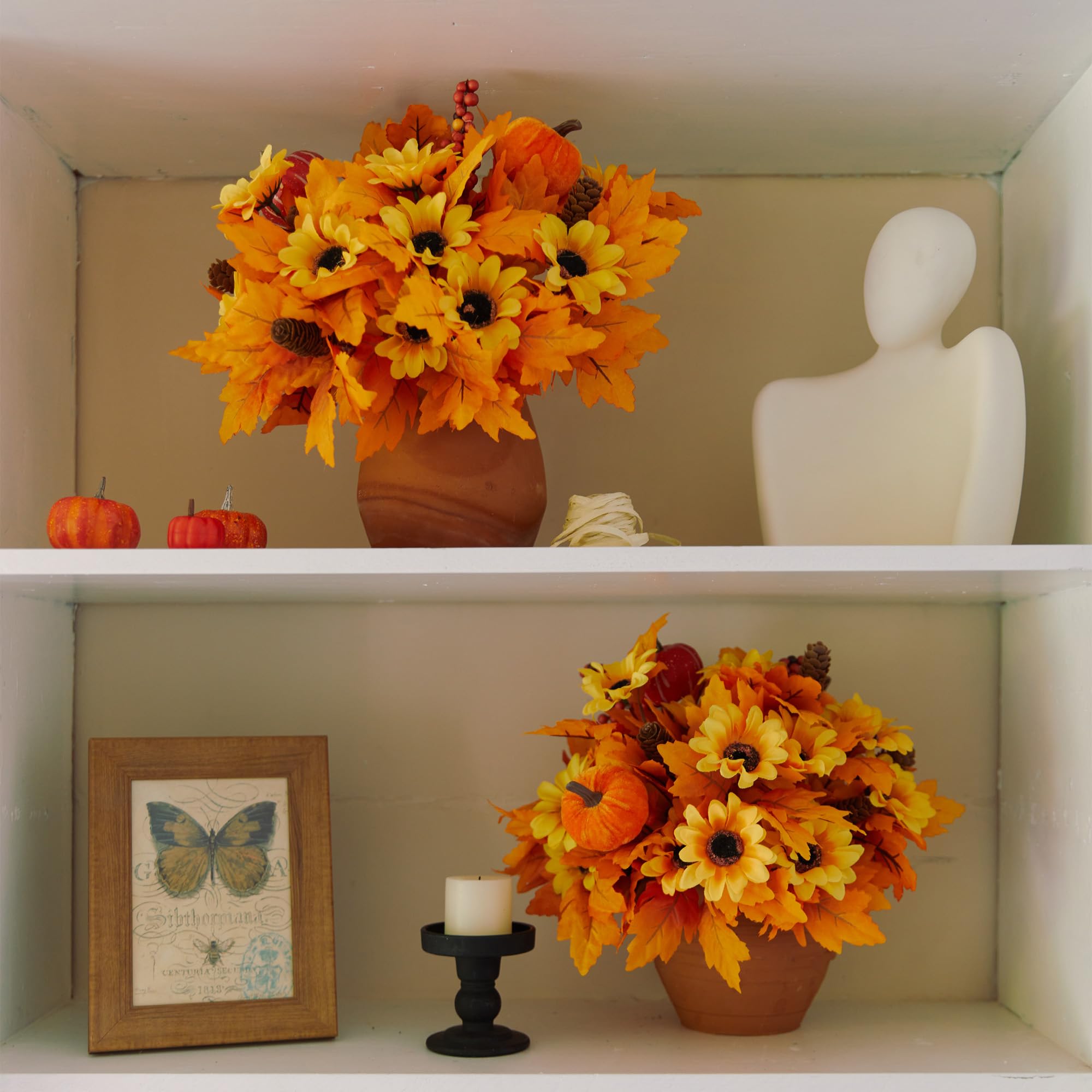 PARTY JOY 4 Stück Künstliche Kürbis-Zweige mit Ahornblättern, Beeren und Sonnenblumen, Künstliche Blumen, Herbstzweige für DIY-Dekoration
