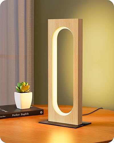 EDISHINE Lámpara de mesa LED, lámpara de noche de madera con 3 temperaturas de color y regulable, lámpara de mesita de noche cuadrada con control