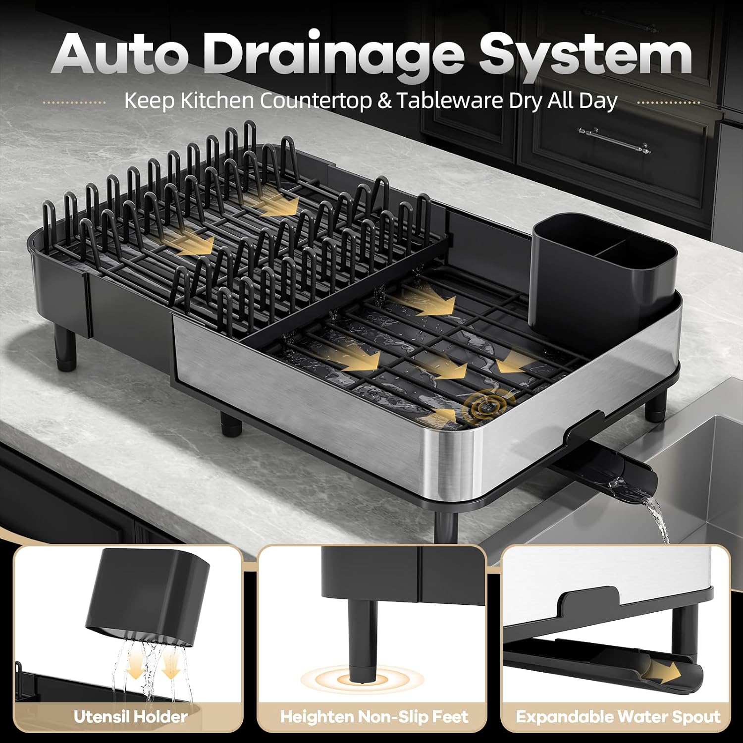 Urackify Stainless Steel Dish Drying Rack for Kitchen Counter,Black