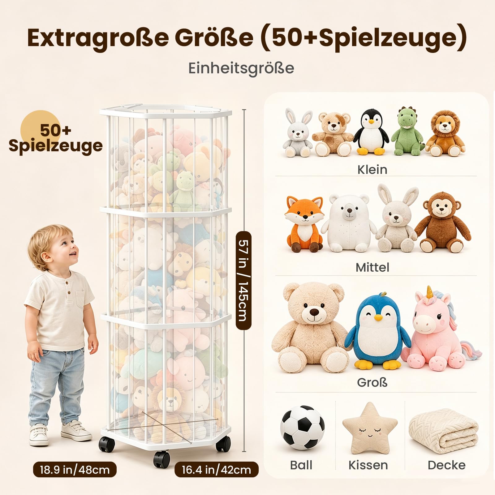 Stahll Groß Kuscheltier Aufbewahrung 145 cm mit 360° Bremsrädern | Stofftier Aufbewahrung mit Elastische Schnuren, Platzeinsparung 3-Schicht Aufbewahrung Kuscheltiere für Kinderzimmer Playroom