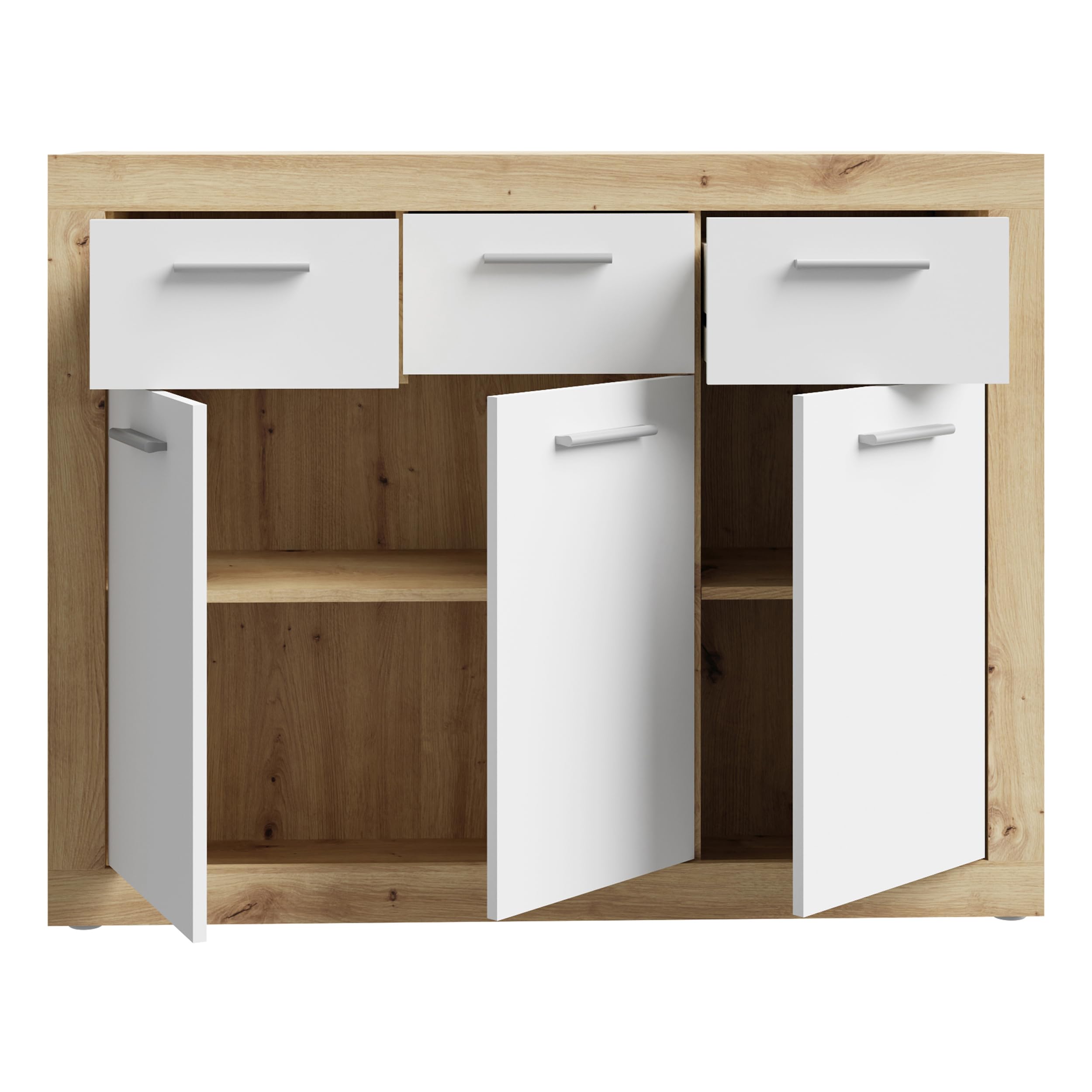 Forte BACCIO Kommode 110 120, Moderne Kommode für Wohn-/Schlafzimmer, 3-türig, 3 Schubladen, Holzwerkstoff, Artisan Eiche Holzdekor|Weiß, 117,9 cm breit x 91,5 cm hoch x 34 cm tief