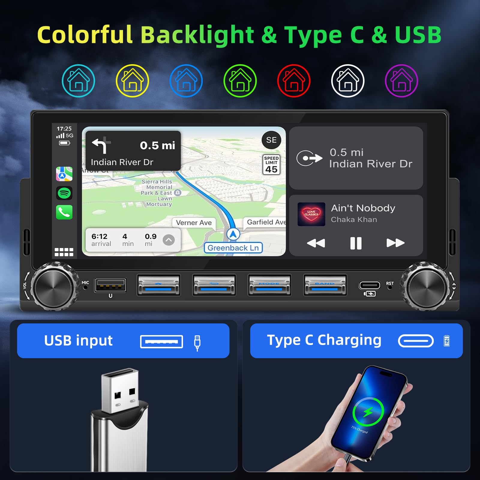Autoradio 1 DIN mit Wireless CarPlay & Android Auto, 6,86-Zoll HD Touchscreen Auto Display, Mirror Link, Bluetooth, GPS Navigation, FM, EQ, Freisprecheinrichtung, Rückfahrkamera, USB, Type-C