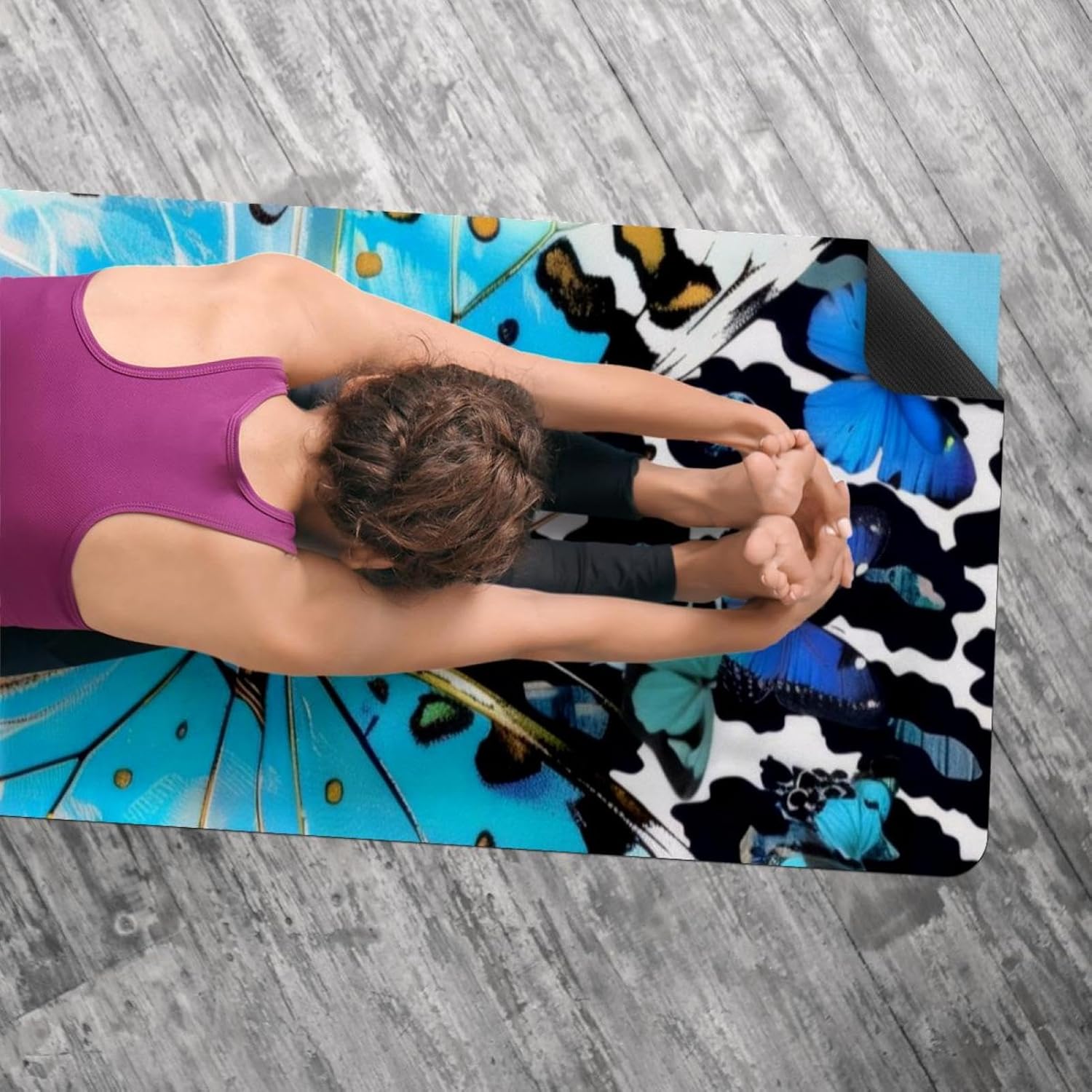 Yoga Towel, Art Blue Butterfly Leopard Print Non Slip Sweat Absorbent Hot Yoga Mat Towel for Hot Yoga, Pilates and Fitness - 72.8" x 26.8"