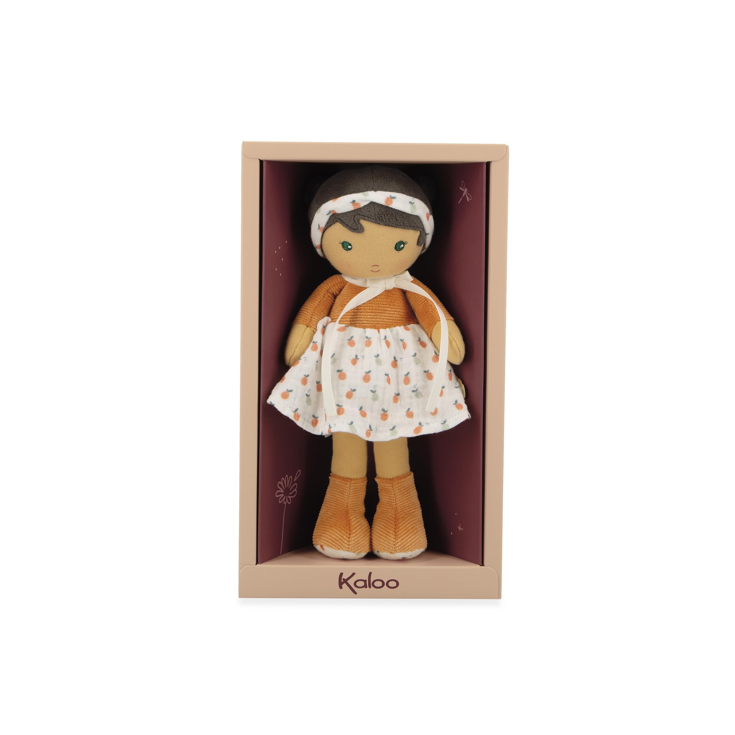 KALOO - Tendresse - Ma 1ère Poupée en Tissu Eloïse - Poupée de Chiffon 25 cm - Robe en Velours Côtelé et Mousseline - Jolie Boite Cadeau - Ruban Personnalisable - Dès la Naissance, K200019