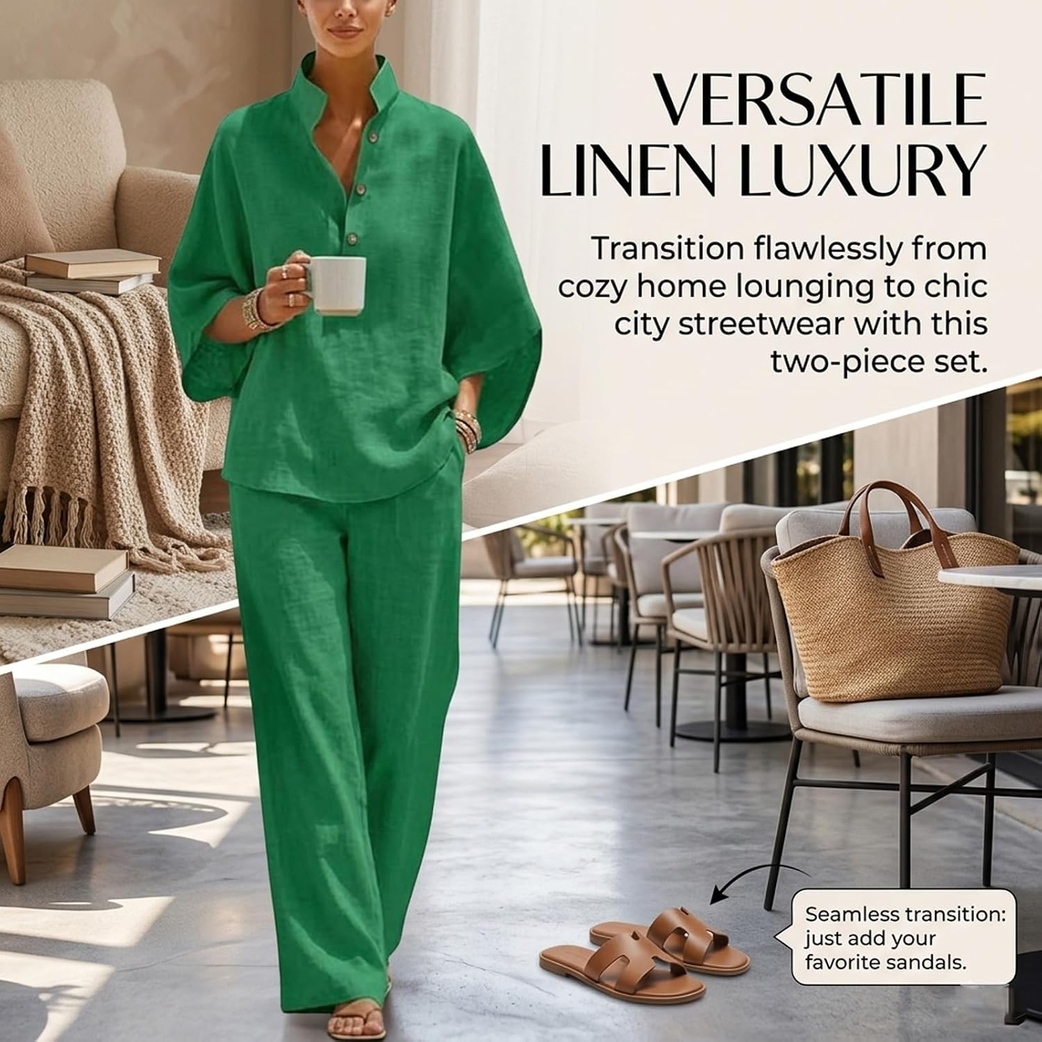 Women’s Batwing Sleeve Linen Cotton Two-Piece Set Casual Casual Shirt & Wide Leg Pants Outfit Fit Summer Travel Set