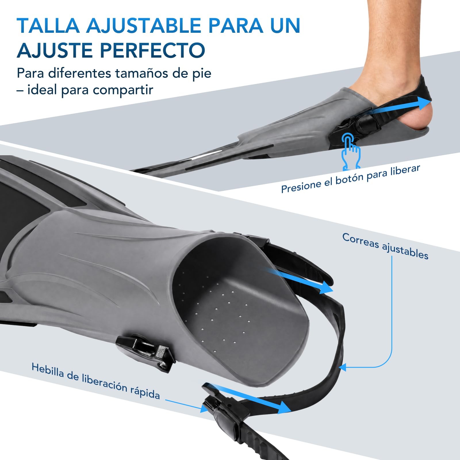 TOMSHOO Aletas de snorkel cortas ajustables con talón abierto para adultos, hombres, mujeres para bucear, bucear, viajar