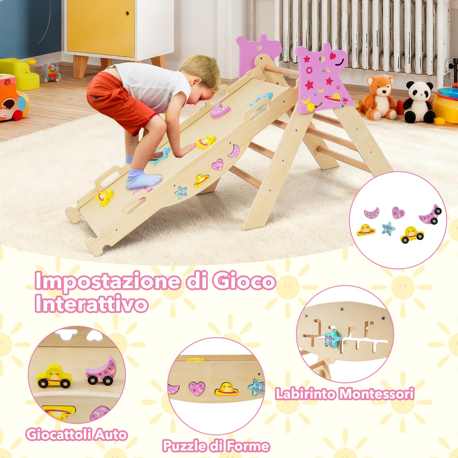 RELAX4LIFE Set da Arrampicata per Bambini, Triangolo di Arrampicata con Scivolo e Arco, Gioco di Incastri in Legno, Gioco Montessori per Bambini 1+ Anni